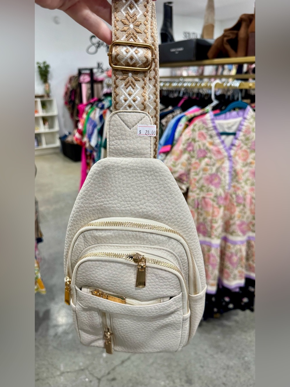 Zenana Outfitters Cream Textured Crossbody Sling with Gold Hardware